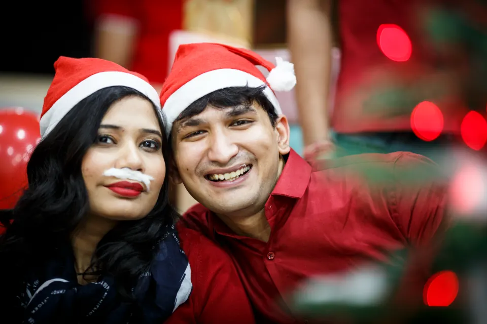 A Christmas selfie in Santa hats