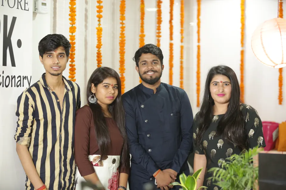 Colleagues dressed up for a festive celebration