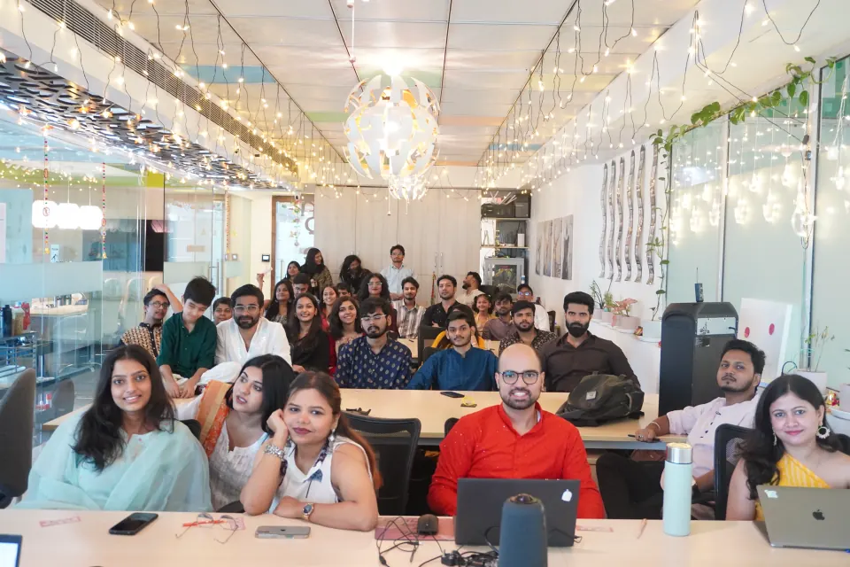 The office decorated with lights for a festive celebration