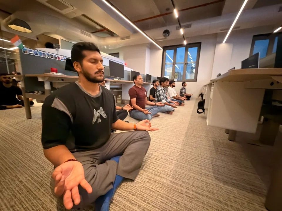 A yoga session on the office floor