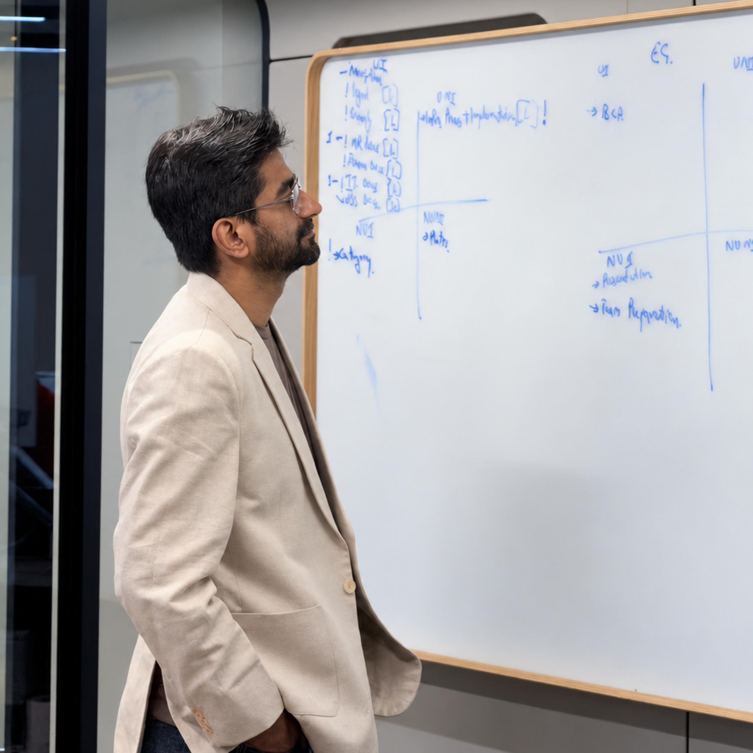 A MoreTasks colleague reading through notes written up on a whiteboard
